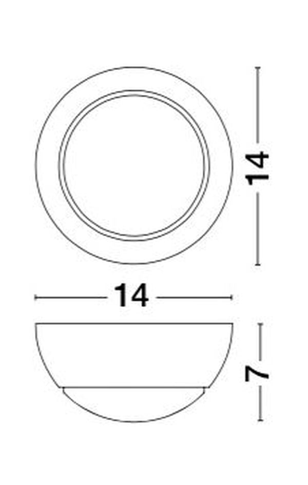 Schéma coté de l'applique indiquant 14 cm de diamètre et 7 cm de profondeur