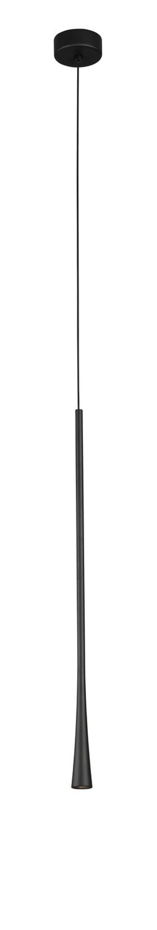 Vue de face du luminaire suspendu noir avec câble fin et diffuseur conique