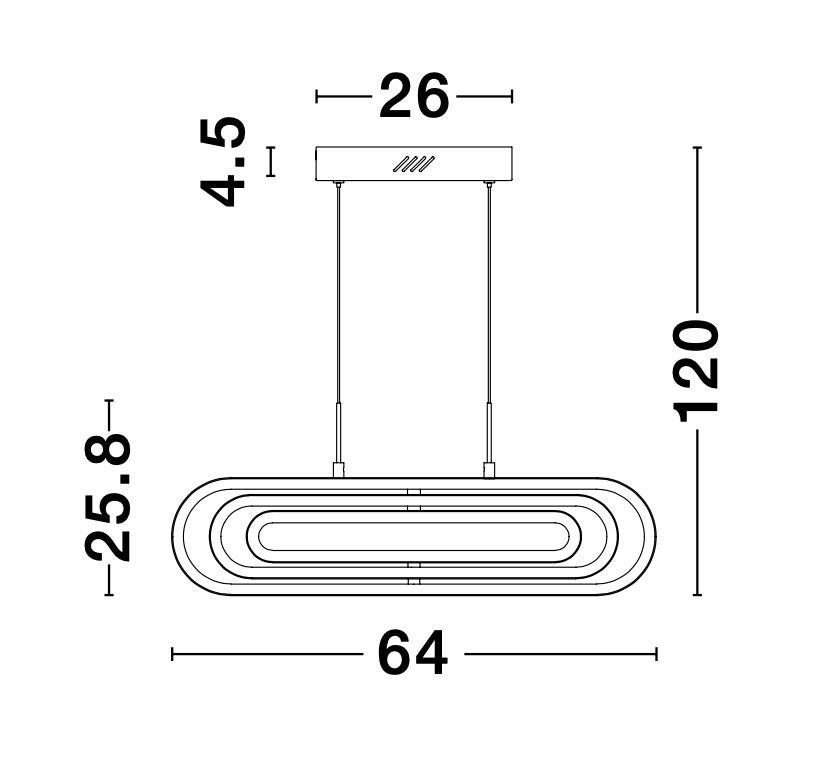 Schéma de dimensions du luminaire avec largeur 64 cm et hauteur 120 cm.