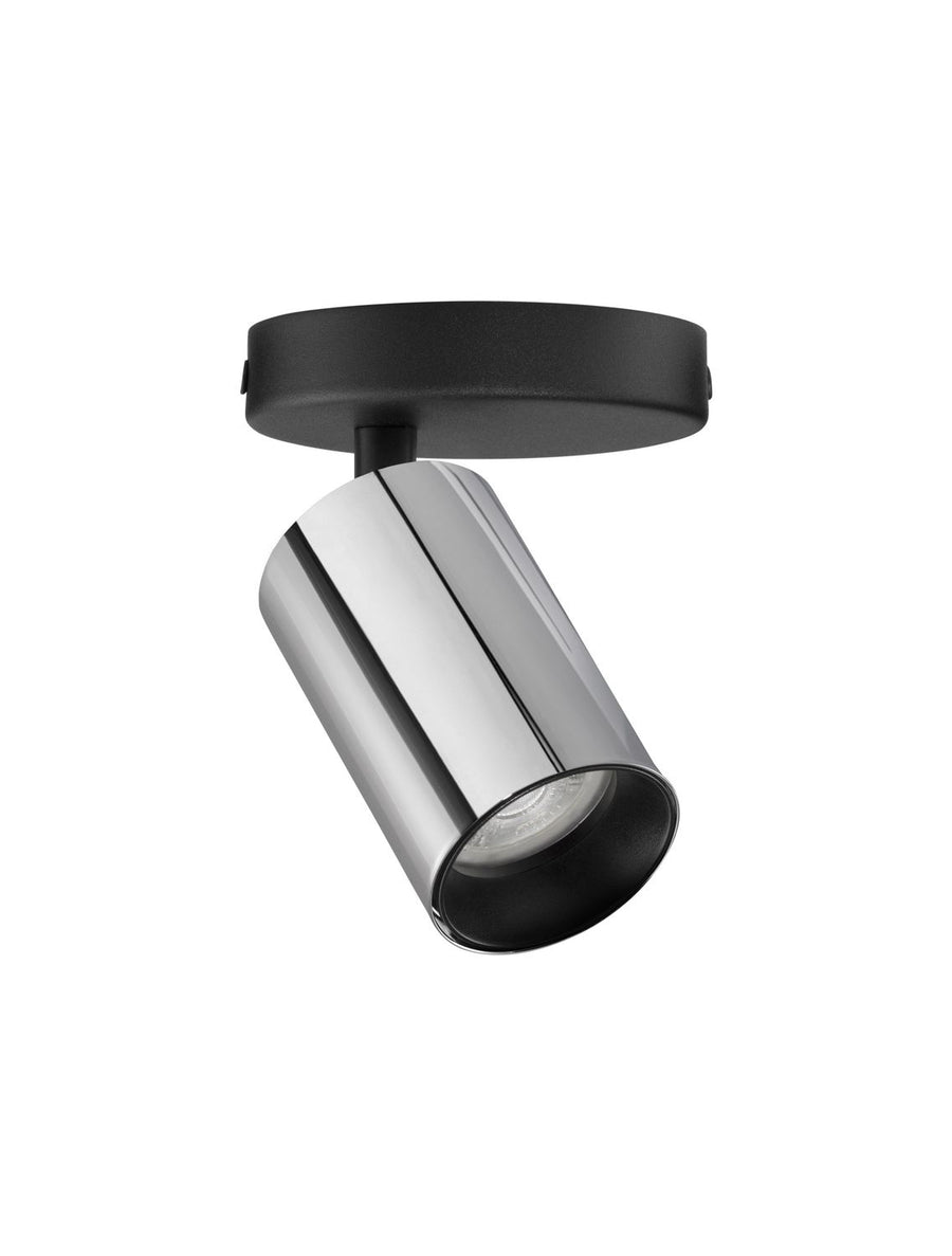 Produit détouré sur fond blanc, cylindre chromé orientable sous socle noir