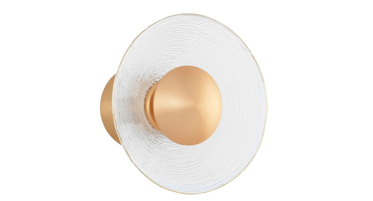 Vue de face du luminaire rond en verre texturé avec centre doré bombé.