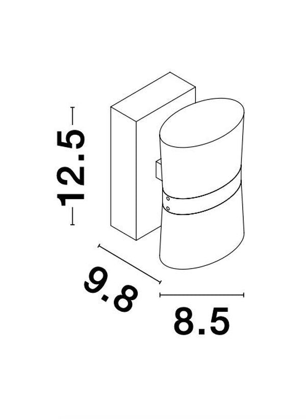 Schéma coté en perspective : hauteur 12,5 cm, profondeur 9,8 cm, largeur 8,5 cm