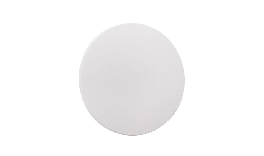 Vue de face du luminaire rond blanc, surface lisse et lumière uniforme