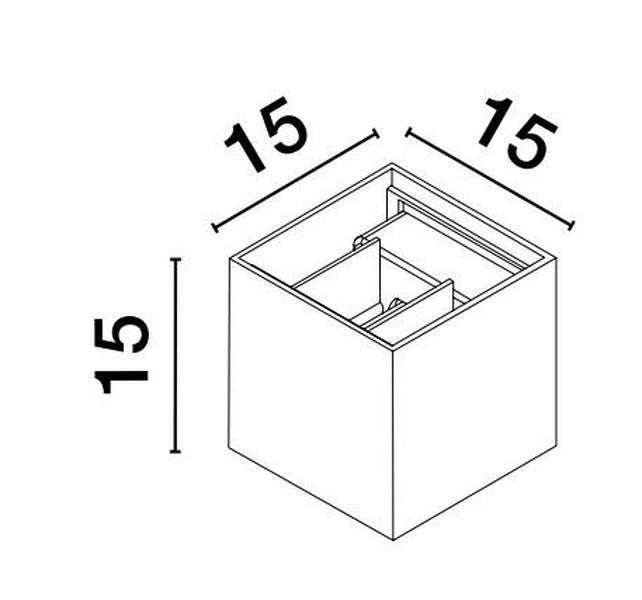 Schéma technique coté du luminaire indiquant les dimensions 15 cm de large, hauteur et profondeur