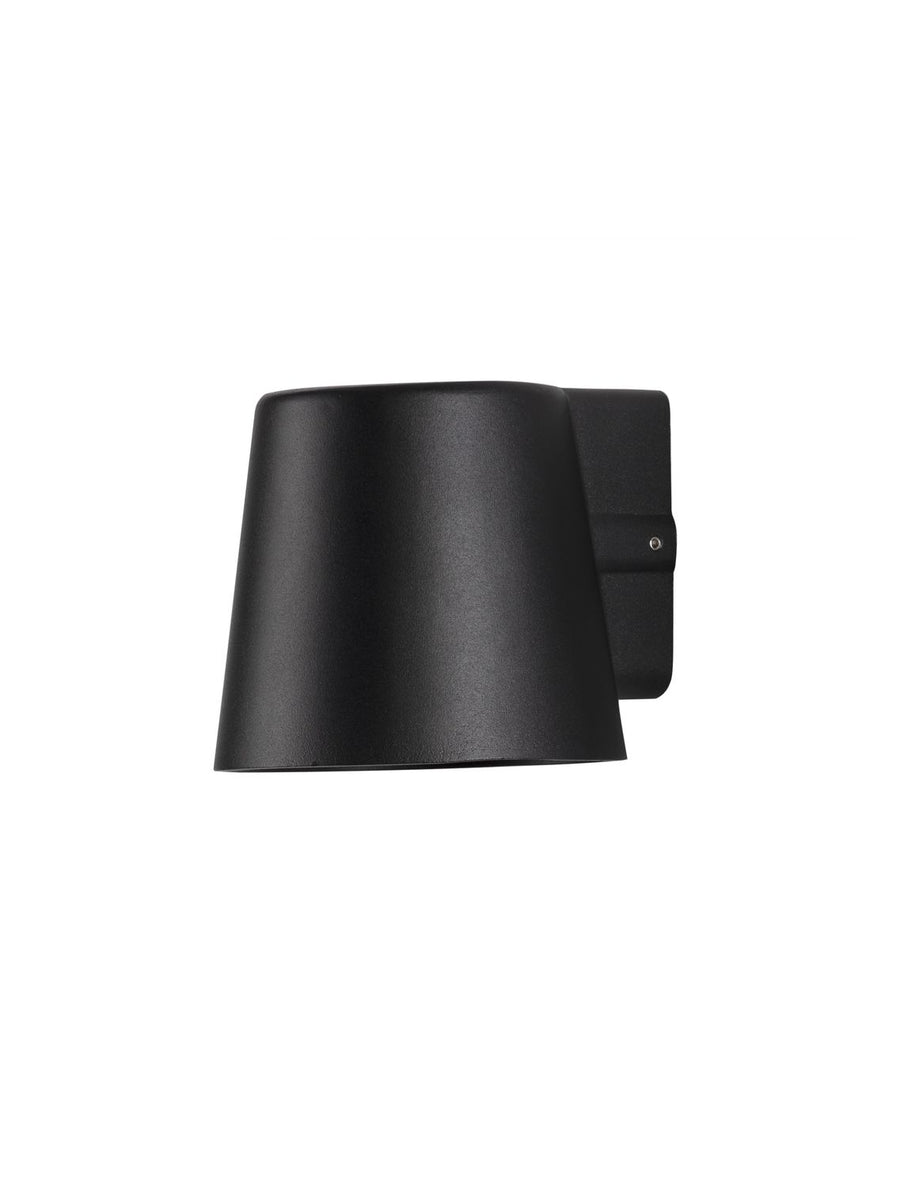 Vue de trois quarts du luminaire noir avec son support mural sur fond blanc