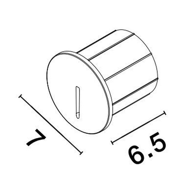 Schéma de dimensions de l'applique cylindrique noire, diamètre 7 et profondeur 6,5 cm.