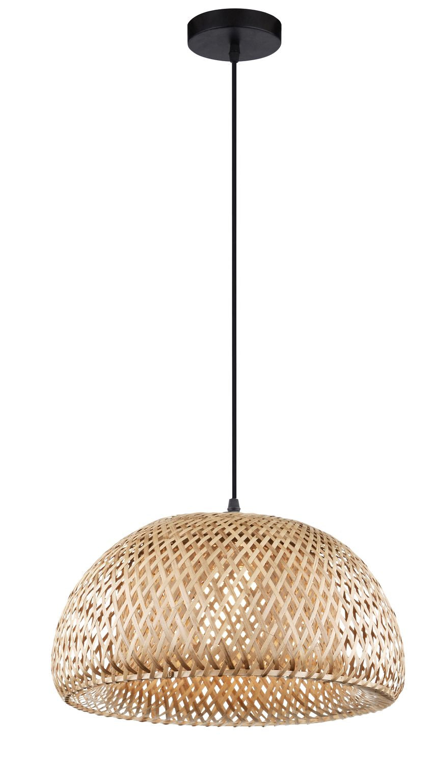 Vue de face de la suspension en bambou tressé beige avec câble et fixation noirs