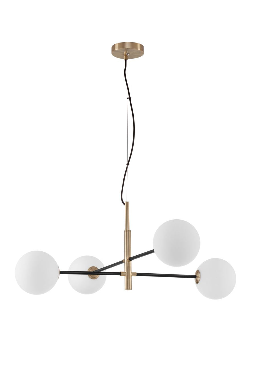 Vue d'ensemble du luminaire suspendu avec sa rosace de plafond dorée.