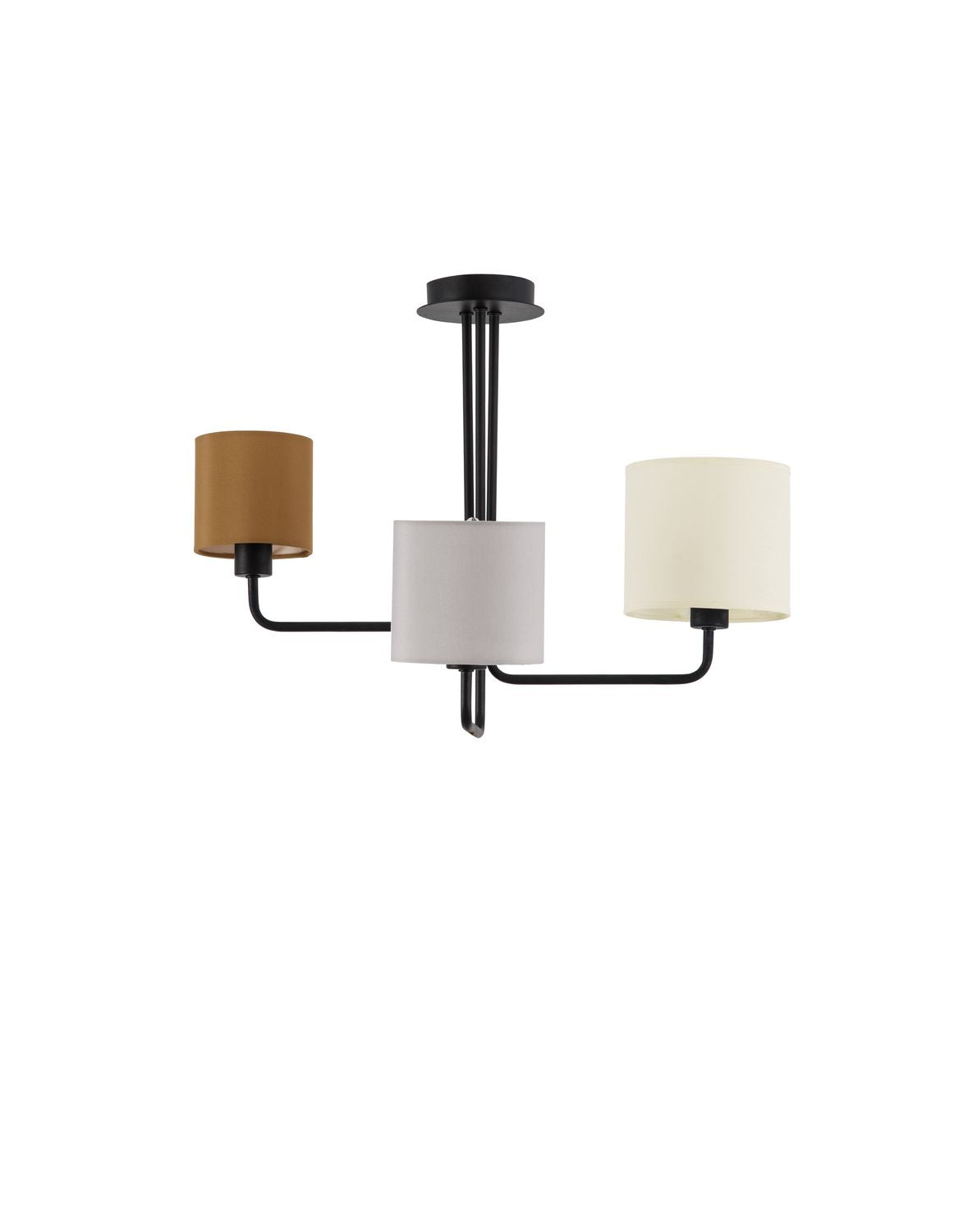 Vue de face du luminaire aux trois abat-jours cylindriques sur fond blanc