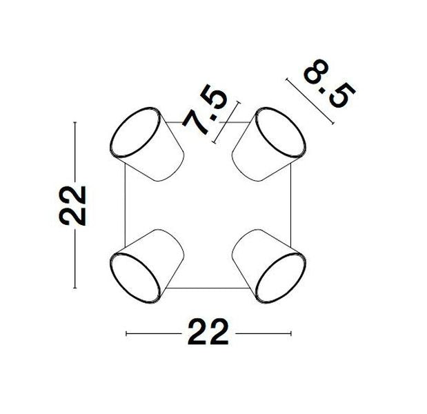 Schéma de dimensions du plafonnier carré avec quatre projecteurs et cotes en centimètres.