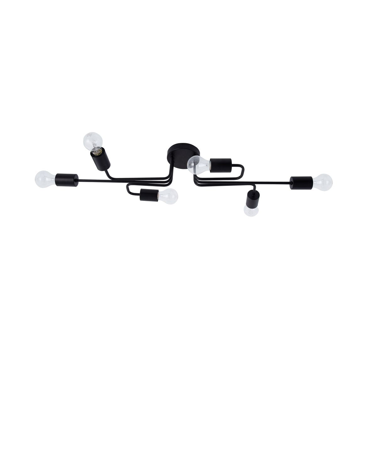 Vue de face du luminaire noir à six bras sur fond blanc isolé