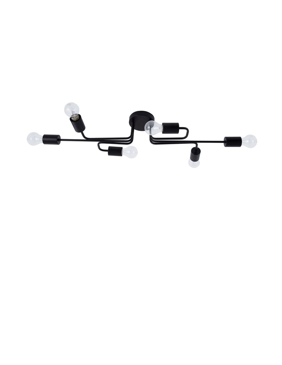 Vue de face du luminaire noir à six bras sur fond blanc isolé
