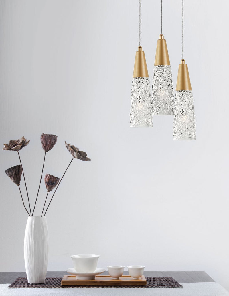 Suspension Kovac 3 lumières dorée, verre