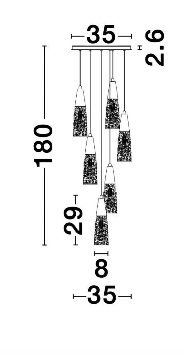 Schéma coté de la suspension indiquant hauteur totale 180 cm et diamètre du plateau 35 cm