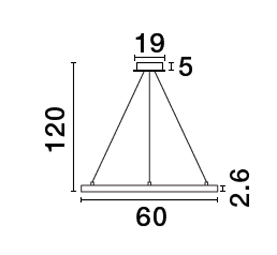 Schéma coté du luminaire indiquant 120 cm de hauteur et 60 cm de largeur