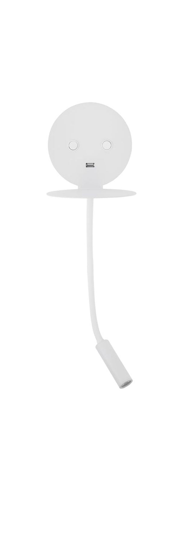 Vue de face de l'applique murale blanche avec bras flexible et support.