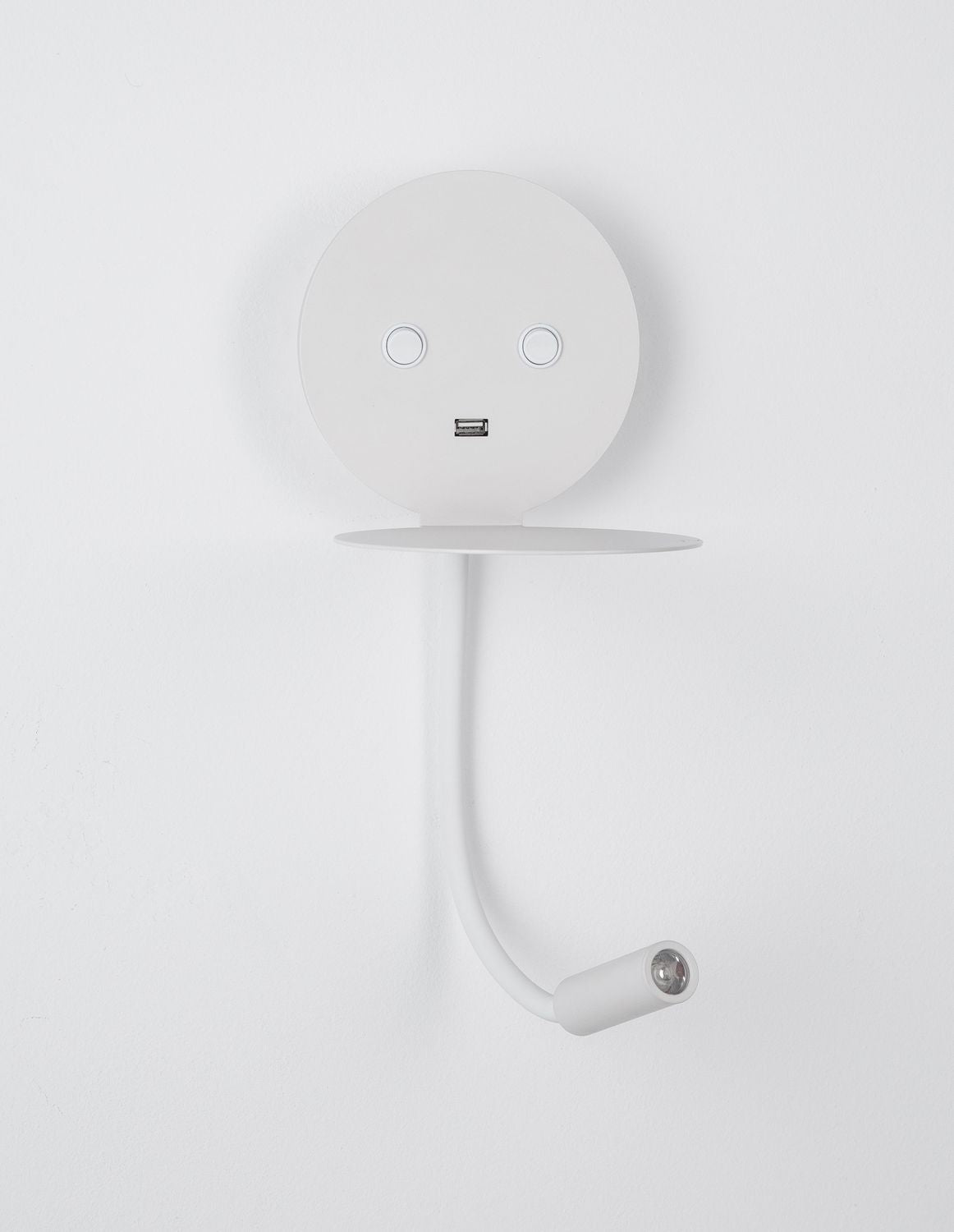 Applique murale blanche de face, bras flexible abaissé et lumière éteinte.