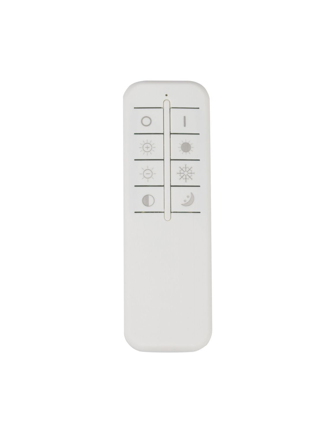 Télécommande blanche du plafonnier avec boutons de réglage d'intensité et de température.