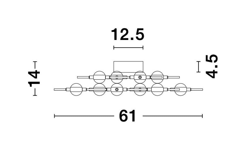 Schéma technique coté indiquant 61 cm de largeur et 14 cm de hauteur