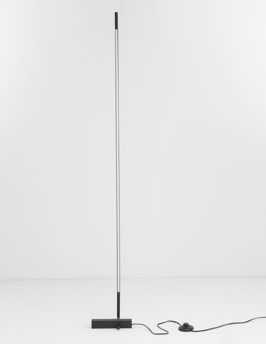 Vue de face du lampadaire avec câble et variateur posé au sol.