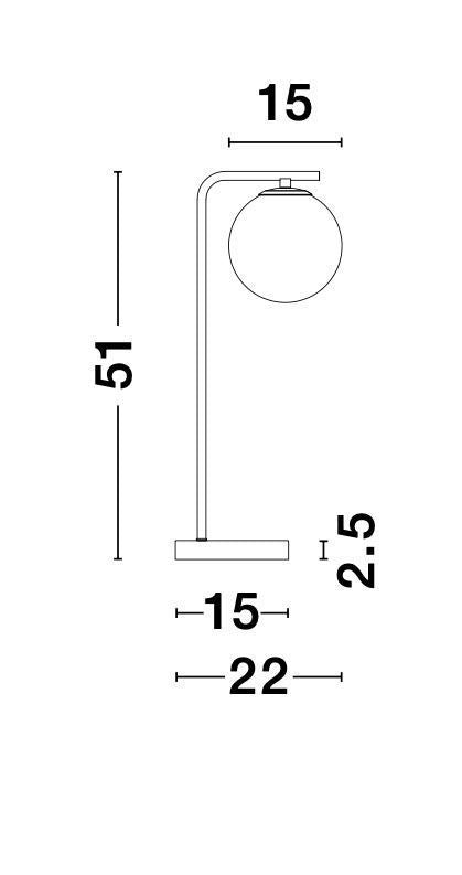 Schéma coté du luminaire : hauteur 51 cm, largeur 22 cm et base 15 cm.