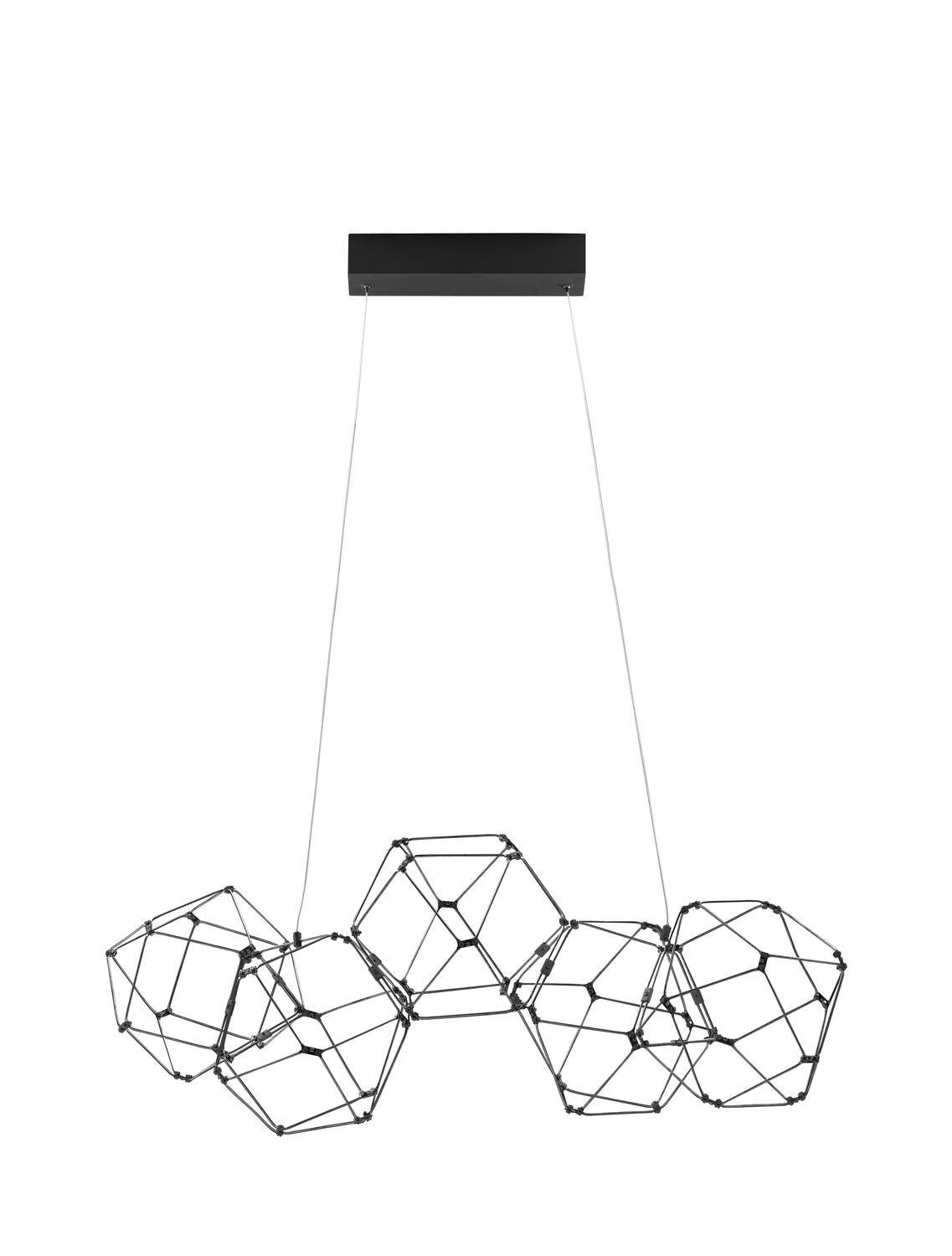 Suspension noire vue de face, grappes de cages géométriques en fil métallique