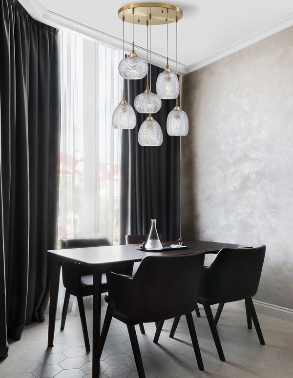 Suspension Vario 6 lumières dorée, verre
