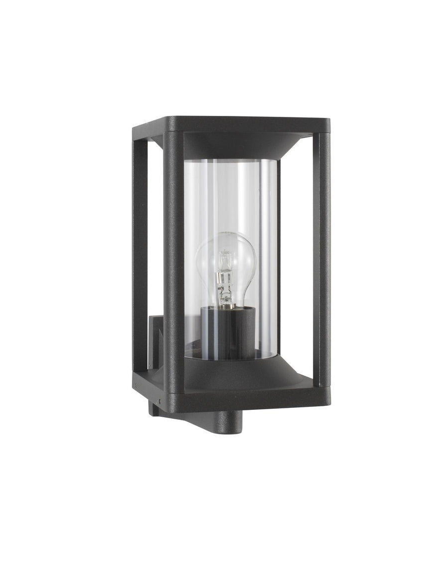 Vue de face sur fond blanc de l'applique rectangulaire noire avec ampoule et verre cylindrique.