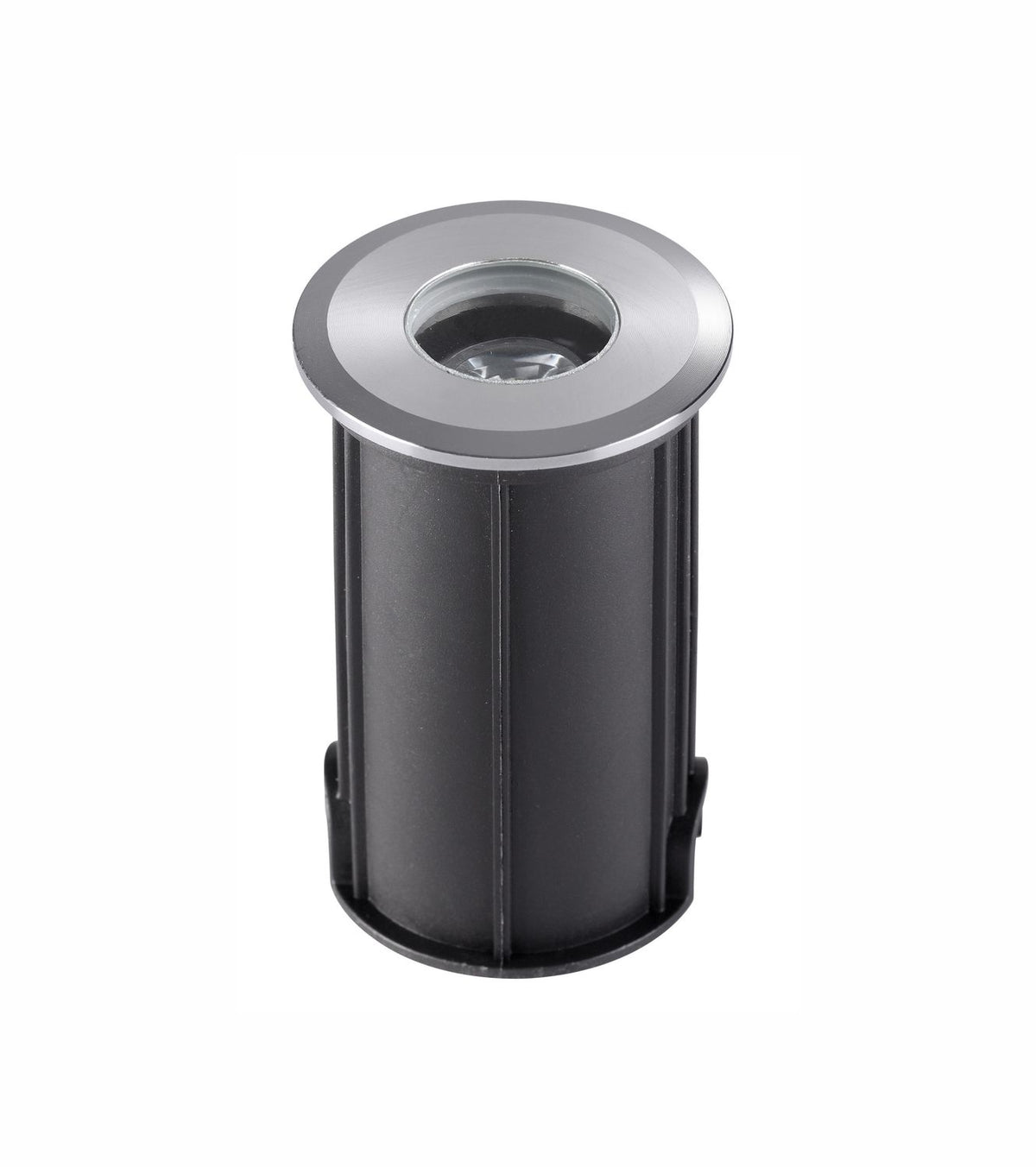 Vue rapprochée du luminaire cylindrique noir avec bague nickel et clips de fixation.