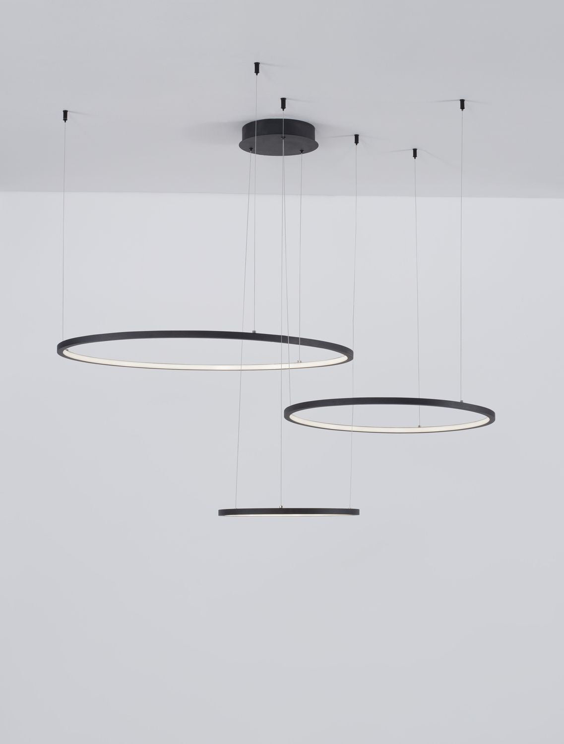 Trois anneaux noirs lumineux suspendus devant un mur gris clair et câbles fins