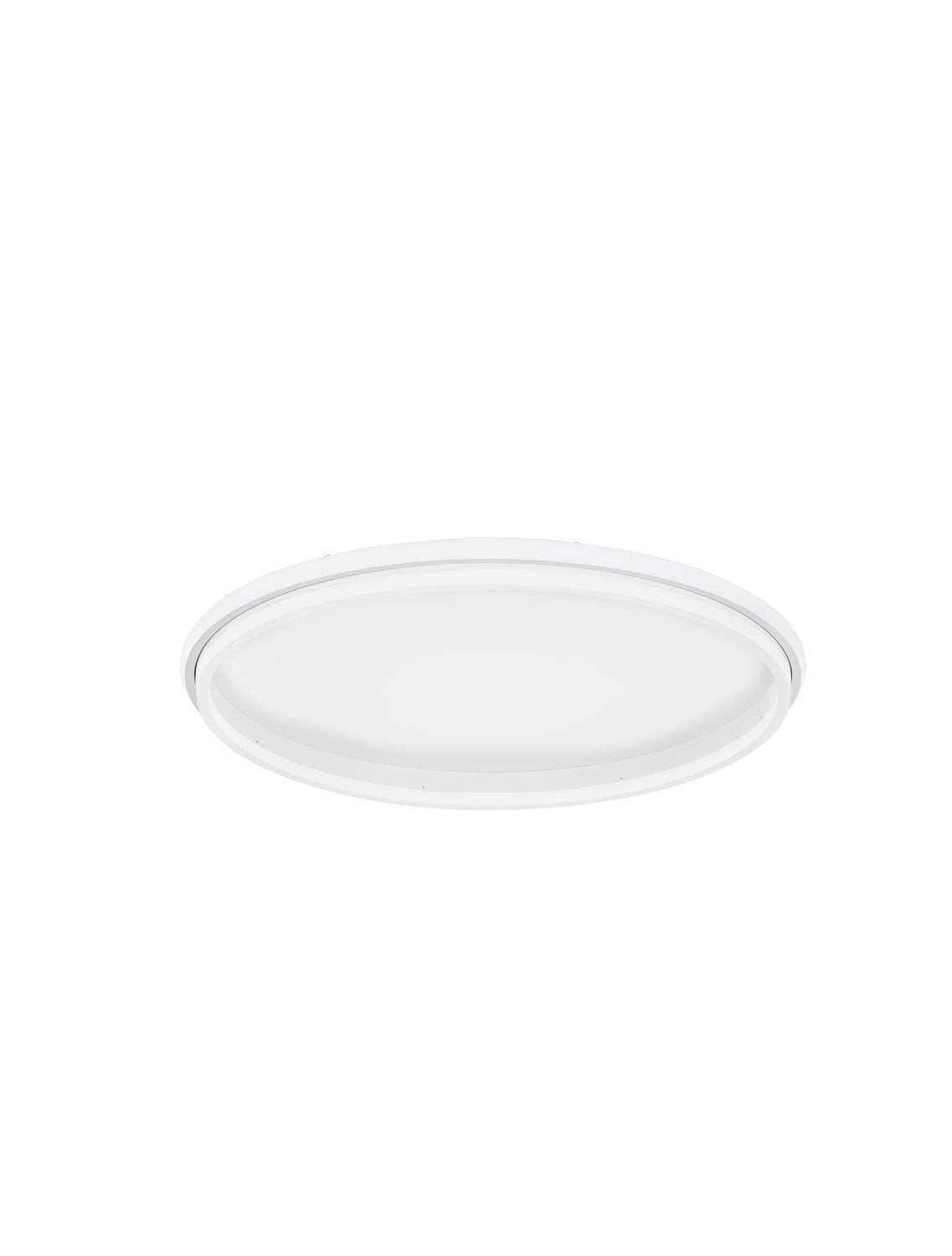 Luminaire blanc éteint vu de trois quarts, diffuseur rond légèrement bombé.