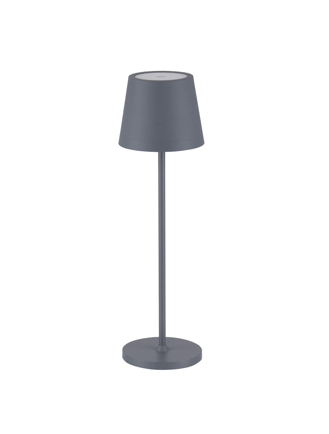 Lampe extérieure grise de face sur fond blanc, tige fine et socle rond.