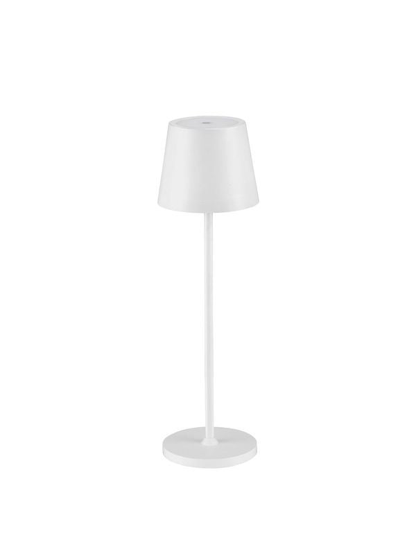 Vue de face du luminaire blanc sur fond neutre, abat-jour conique et tige fine