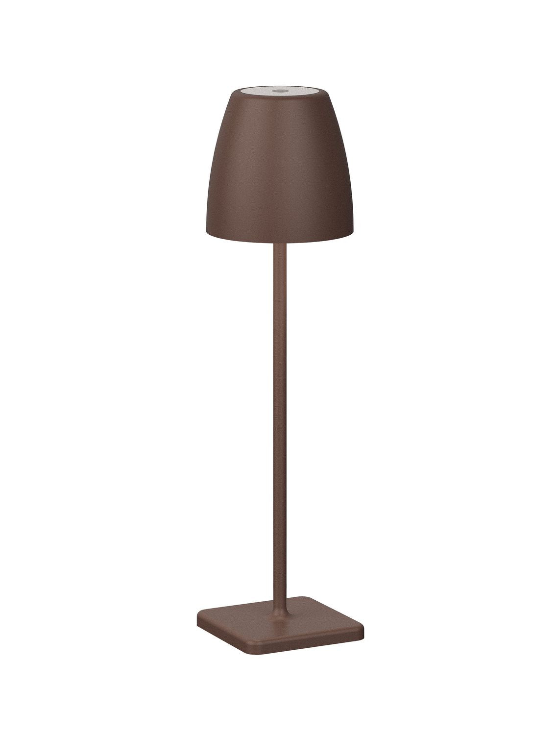 Lampe extérieure rouille sur pied, abat-jour conique et base carrée, vue de face.