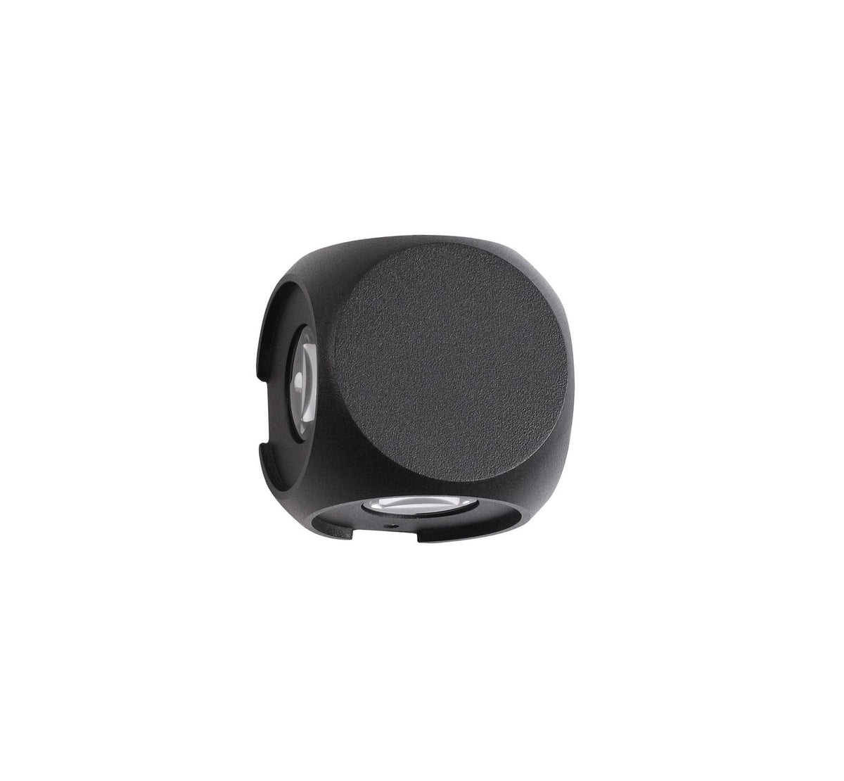 Produit seul sur fond blanc, applique murale noire arrondie avec verre et finition granuleuse.