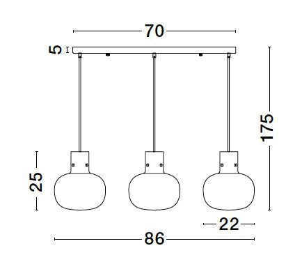 Suspension Cinzia 3 lumières dorée, verre, H 175 cm
