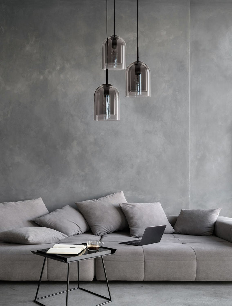 Suspension Velor 3 lumières noire et fumée, verre, H 185 cm