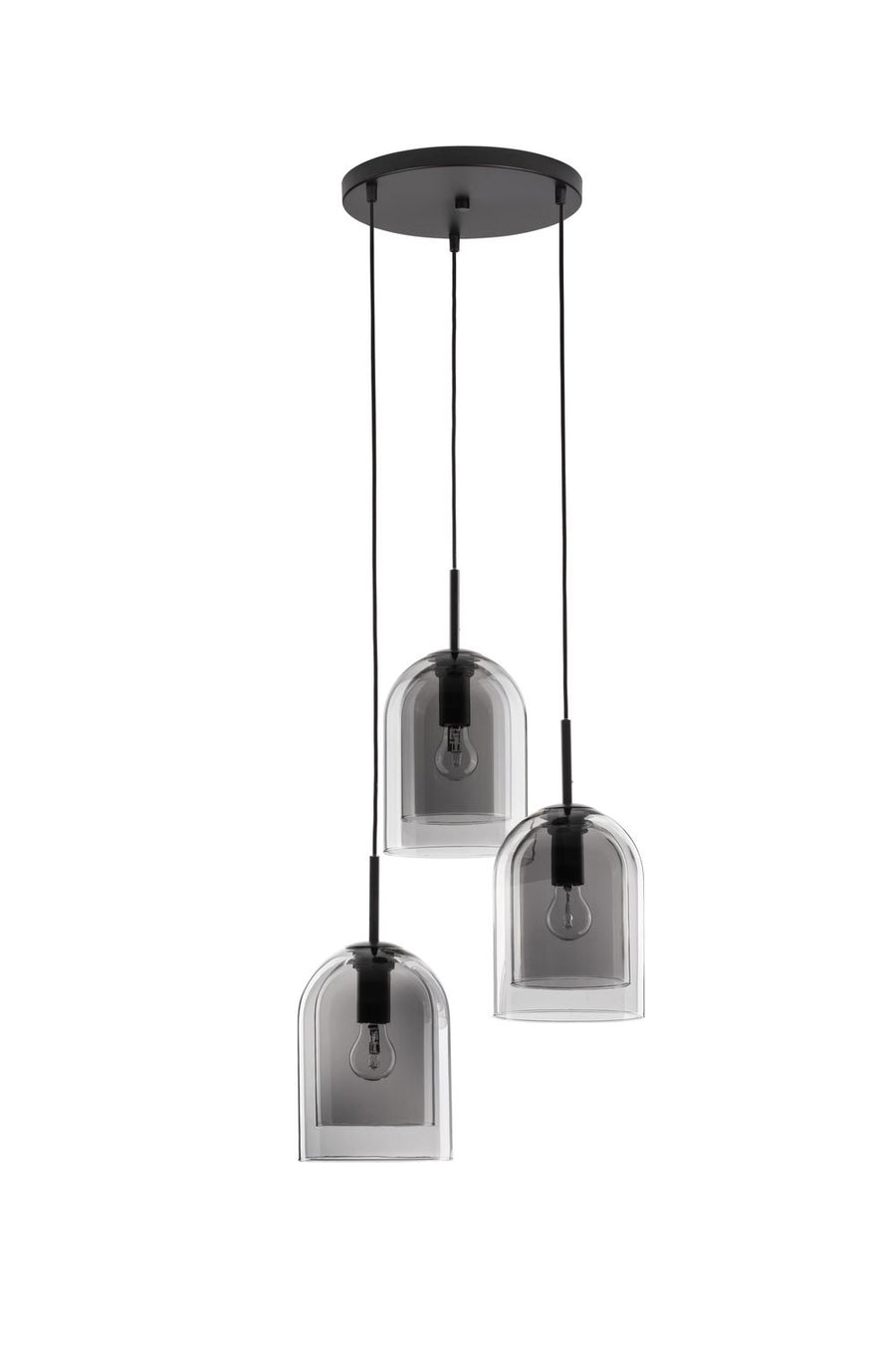 Suspension Velor 3 lumières noire et fumée, verre, H 185 cm