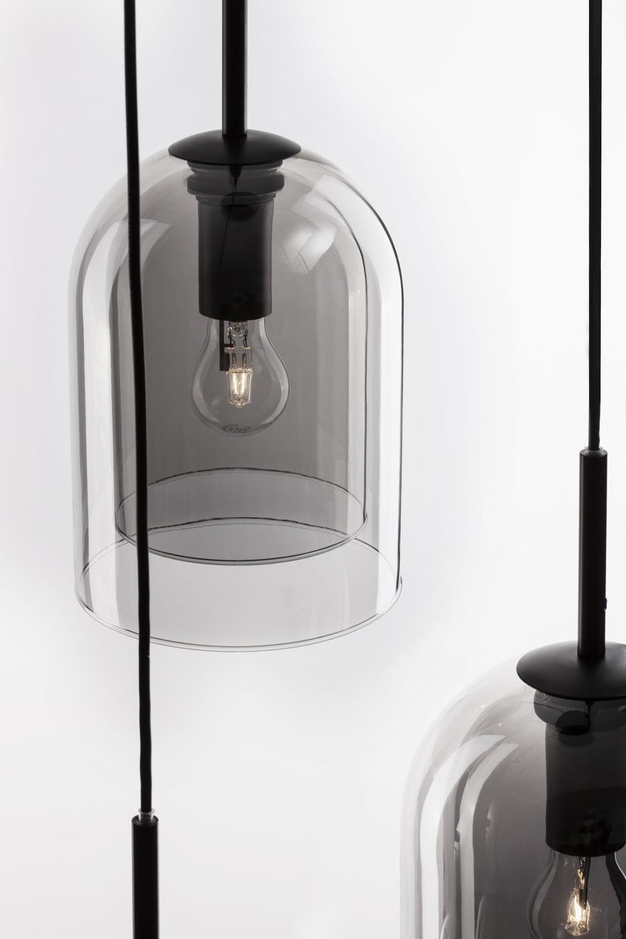 Suspension Velor 3 lumières noire et fumée, verre, H 185 cm