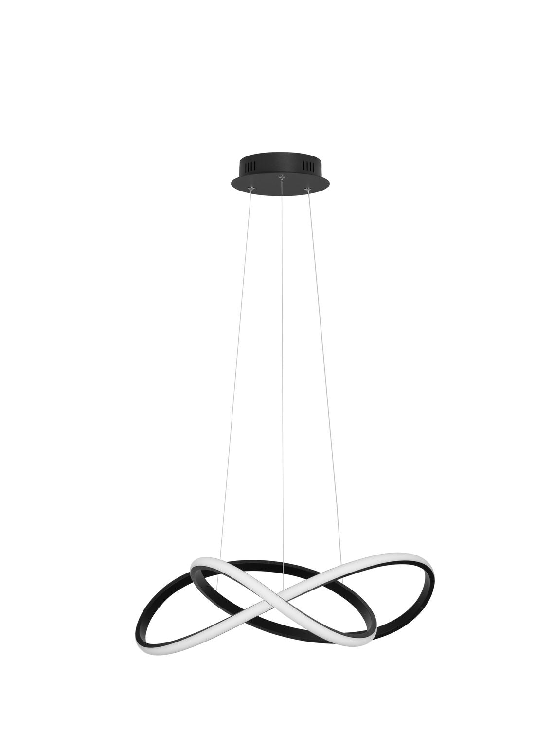 Vue de face du luminaire tenu par ses câbles et sa rosace noire fixée au plafond