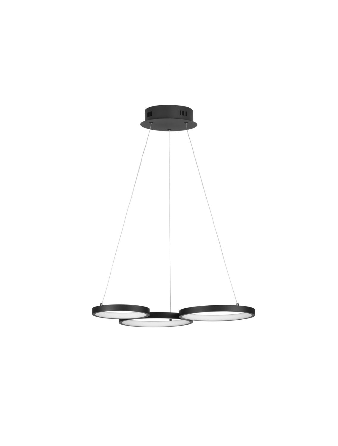 Luminaire suspendu noir composé de trois anneaux circulaires vus de face sur fond blanc.