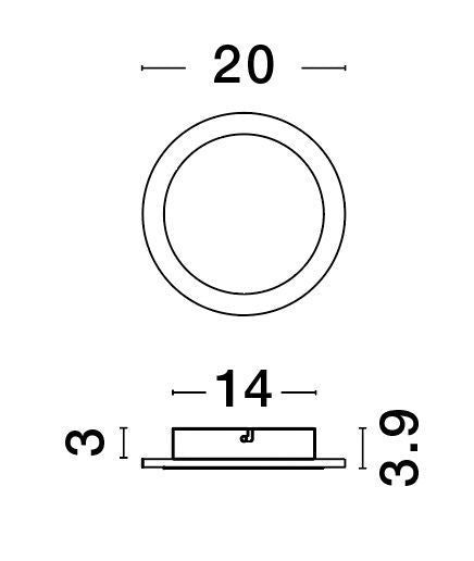 Schéma coté du luminaire rond : diamètre 20 cm et profondeur 3,9 cm.