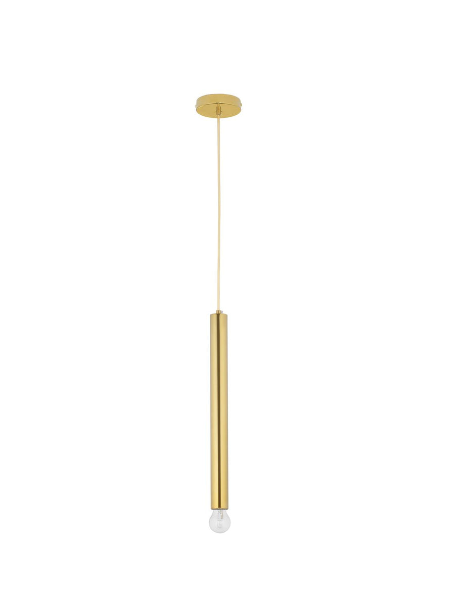 Vue de face du luminaire doré suspendu avec son ampoule transparente en partie basse