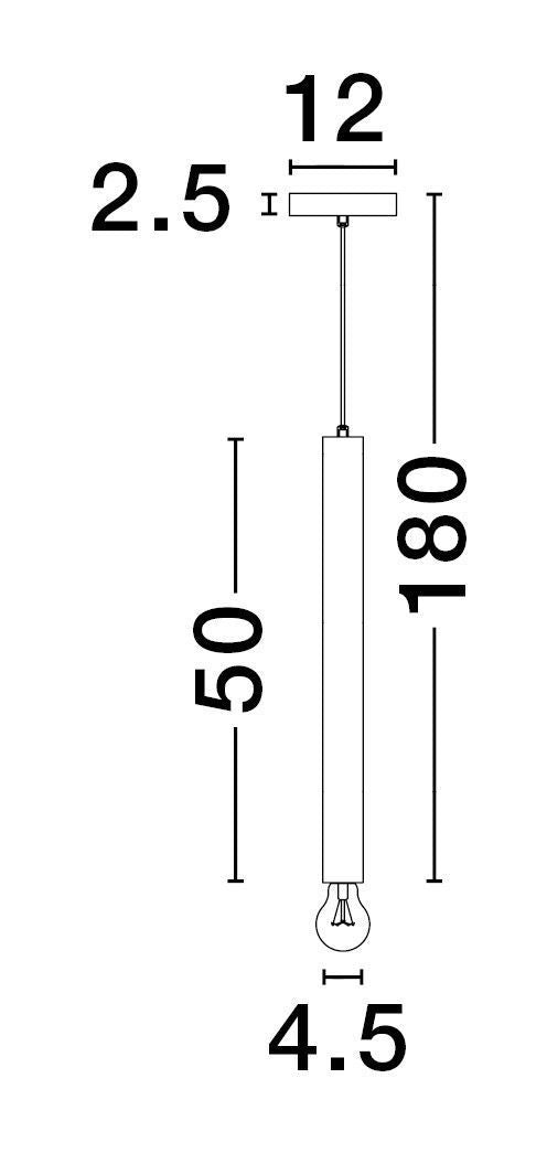 Schéma coté du luminaire indiquant hauteur totale et longueur du tube