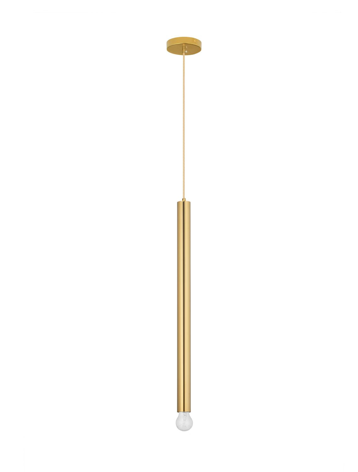 Vue de face de la suspension dorée avec sa rosace de plafond et ampoule transparente.