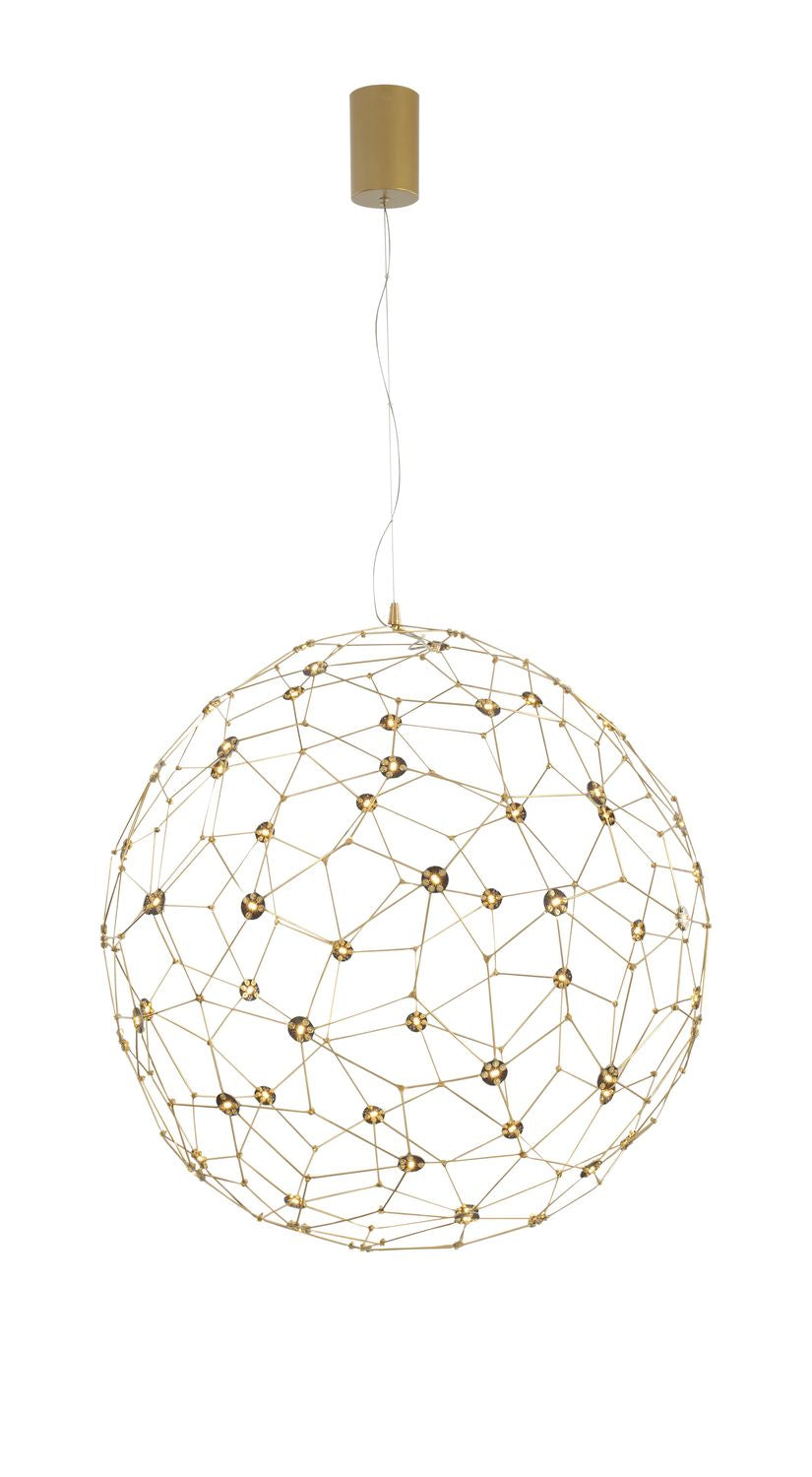 Produit de face sur fond blanc, sphère dorée et câble fin suspendu