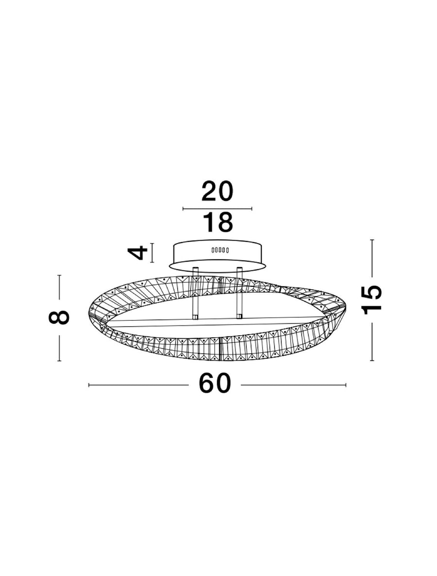 Schéma de dimensions cotées : diamètre 60 cm, hauteur 15 cm, rosace 20 cm