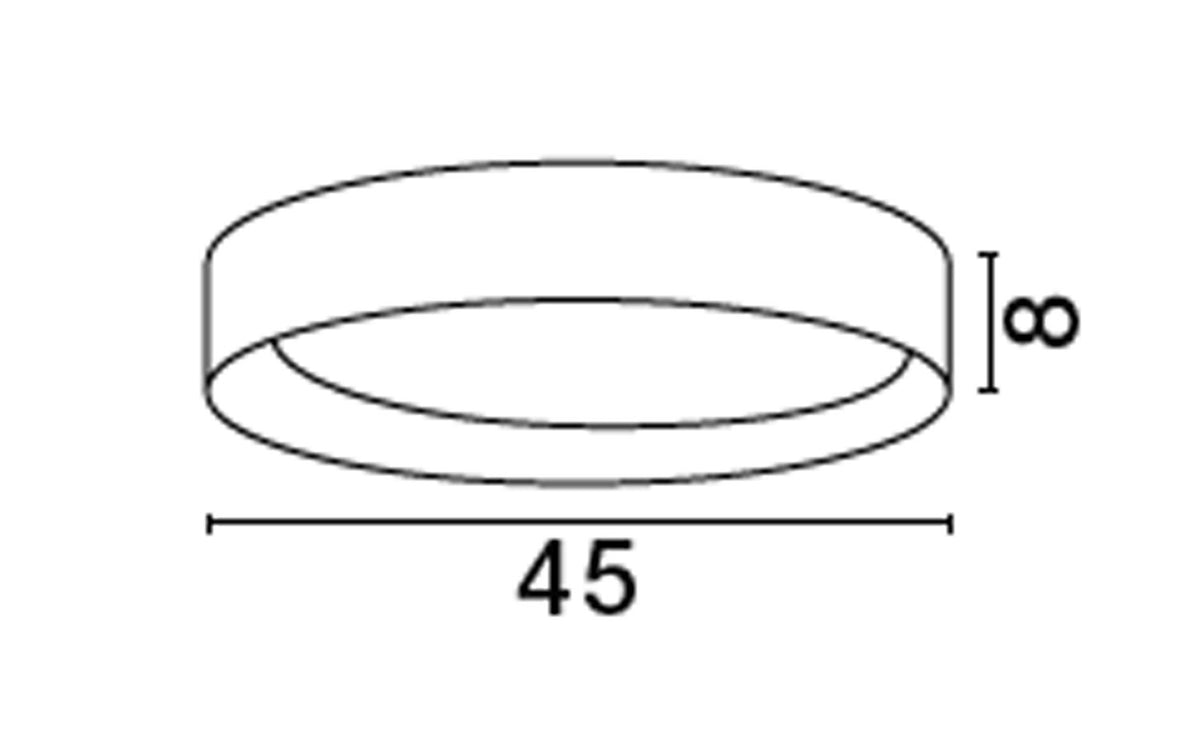 Schéma technique coté du plafonnier rond : diamètre 45 cm, hauteur 8 cm