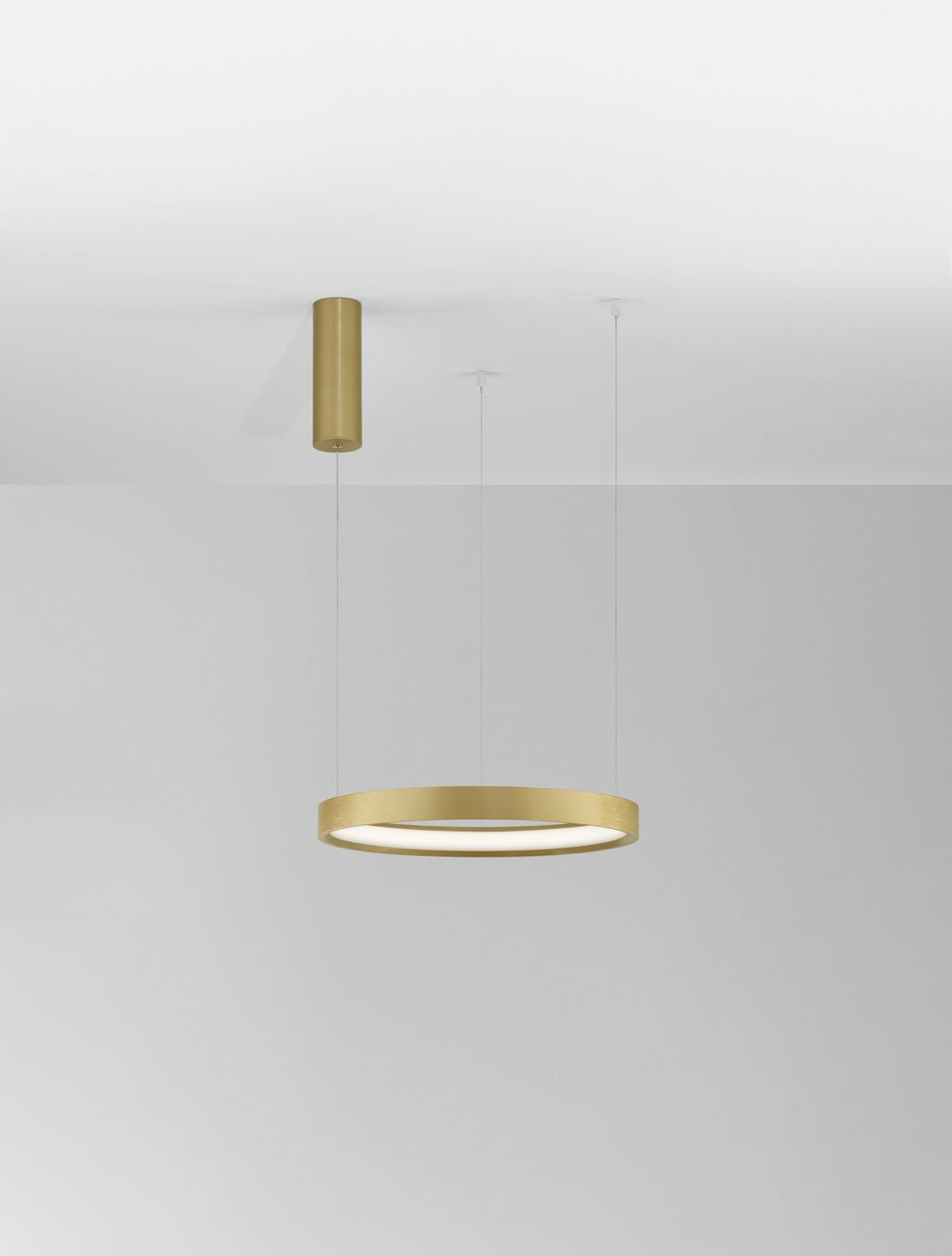 Vue d'ensemble du luminaire suspendu au plafond avec anneau doré et câbles fins