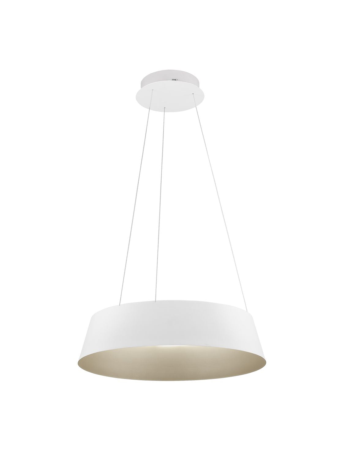 Vue complète sur fond blanc, suspension blanche avec câbles et diffuseur doré.